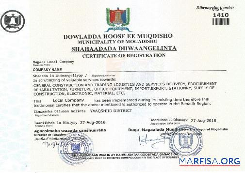 Realistic Somalia Certificate of Registration template